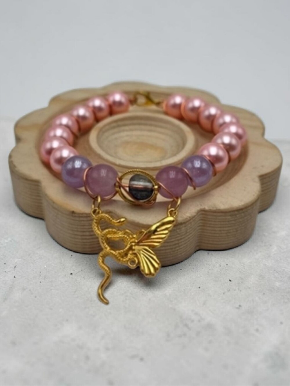 Handmade Wire Wrapped Pink & Purple Bracelet Half Snake Butterfly Charm